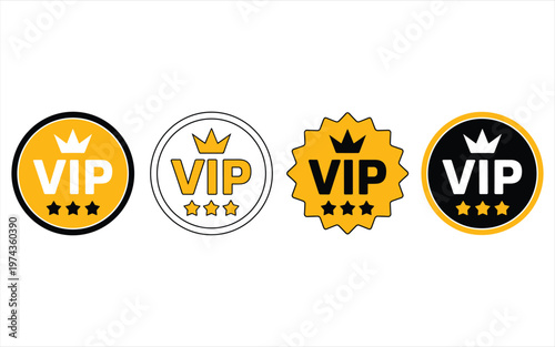 Four vip badges with crowns and stars in yellow, black, and white