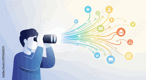 Man with binoculars observing digital data streams and icons.