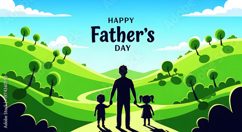 Father and two children walking hand in hand on a green hill landscape daughter family