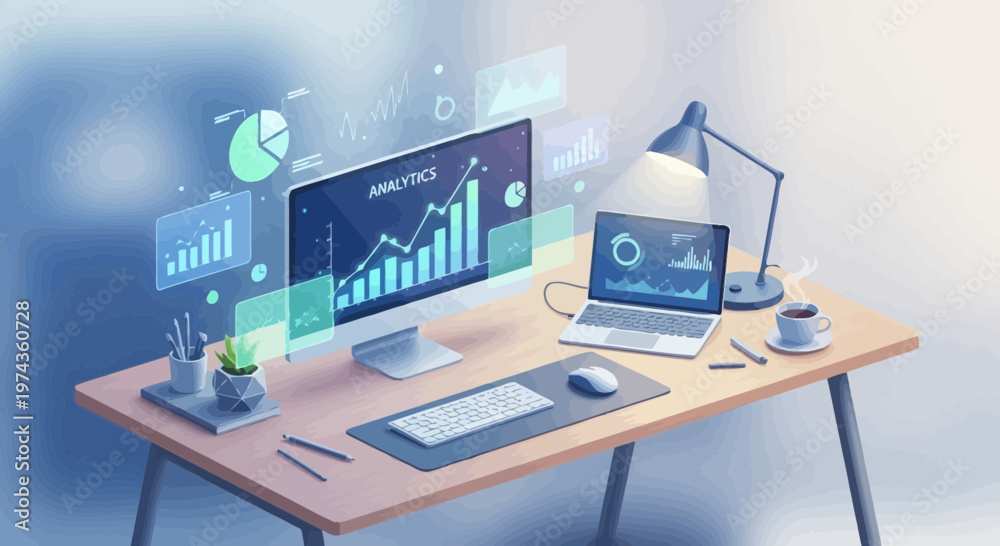 Naklejka premium Modern Office Desk with Advanced Data Visualization Displays.