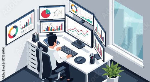 Trader working at a desk with multiple computer monitors displaying financial charts.