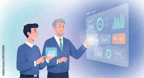 Two businessmen analyzing data on a futuristic interactive screen.