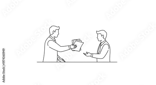Two businessmen exchanging documents across a table.