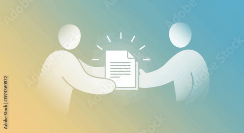 Two people exchanging a document with glowing effect.