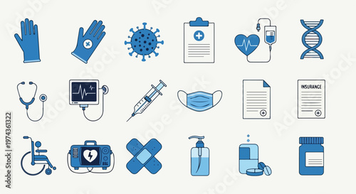 A comprehensive collection of eighteen medical and healthcare icons featuring items like masks, syringes, and pills in blue tones.