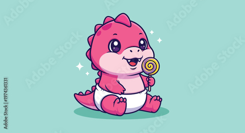 Adorable pink baby dinosaur with a sweet lollipop.