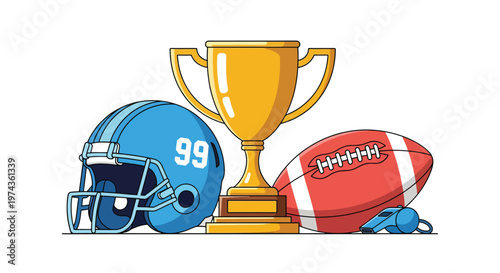 American Football Championship Trophy Helmet and Ball Illustration.