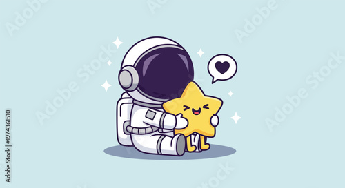 Cute Astronaut Hugging a Happy Star in Space Cartoon Illustration.