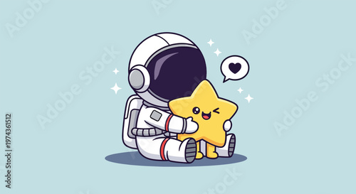 Cute Astronaut Hugging a Kawaii Star in Space.