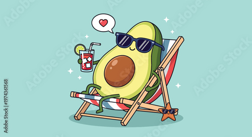 Cute Avocado Relaxing on Beach Chair with Cocktail.
