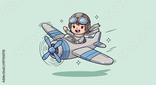 Cute Cartoon Pilot Flying an Airplane.