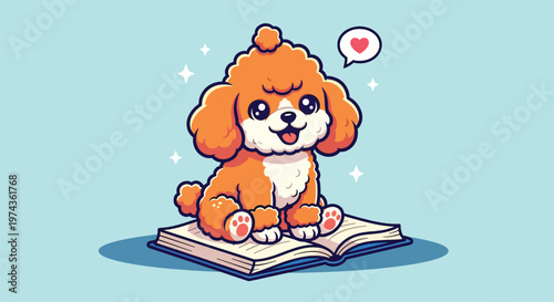 Cute Cartoon Puppy Dog Sitting on an Open Book with a Heart Bubble.