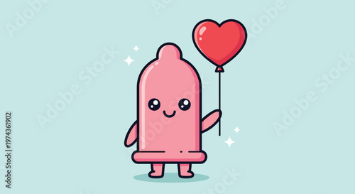 Cute Condom Character Holding a Heart Balloon.