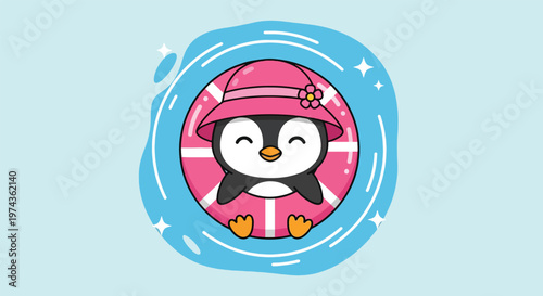 Cute penguin wearing a pink hat and inner tube ready for summer fun.