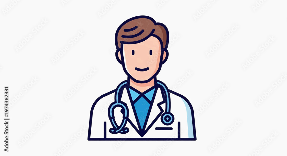 Fototapeta premium An illustration of a smiling doctor wearing a white coat and stethoscope