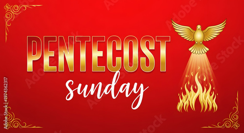Golden Dove Descends Upon Flames with Pentecost Sunday Text bird