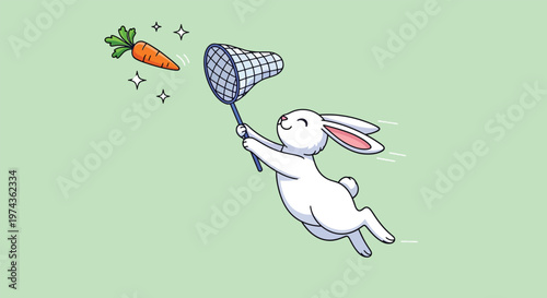 Cute white rabbit jumping to catch a carrot with a net symbolizing ambition and pursuit of goals 1.