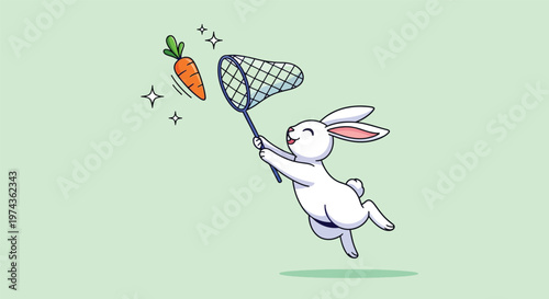 Cute white rabbit jumping to catch a carrot with a net symbolizing ambition and pursuit of goals.