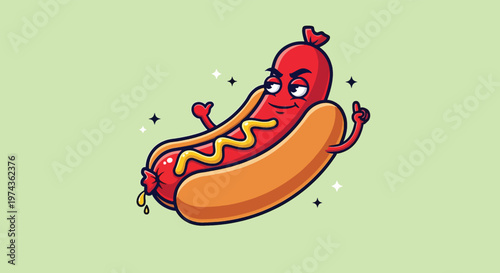 Funny Hot Dog Cartoon Character with Mustard.