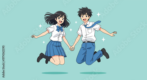 Happy Anime Couple Jumping Hand in Hand.