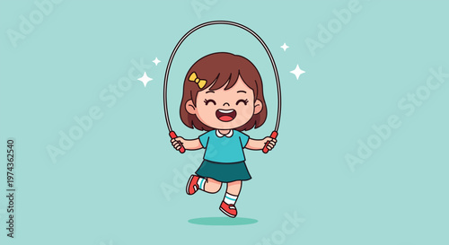 Happy little girl jumping rope with a joyful expression Vector Illustration.