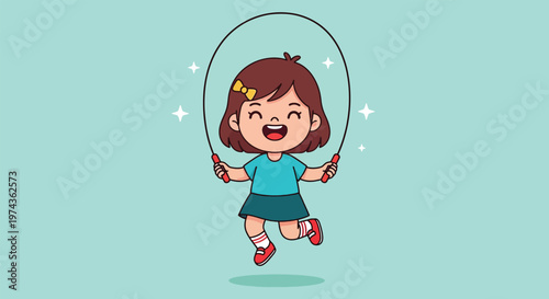 Happy little girl jumping rope with joy and energy.