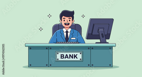 Happy Male Bank Teller Sitting at Desk with Computer.