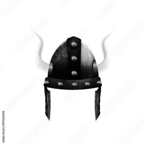 Minimal black and white halftone illustration of a Viking helmet with horns, medieval warrior and mythology concept isolated on white background.