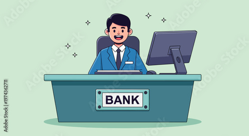 Smiling Male Bank Teller at Desk with Computer.