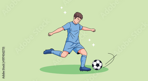 Soccer player kicking ball on field Vector Illustration.