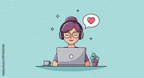 Young Woman Working on Laptop with Headphones and Heart Bubble.