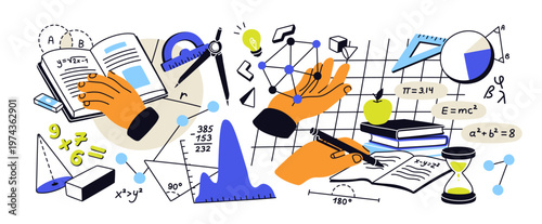 Mathematics background. Math education concept. Algebra, geometry, physics learning, study. Arithmetic numbers, equations, formula, figures and symbols. Flat vector illustration isolated on white