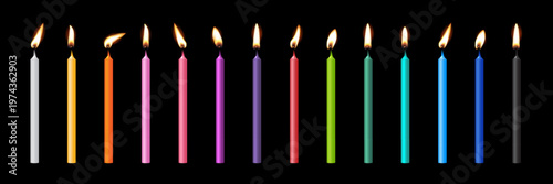 Birthday number candles for cake. 3d birthday candles with different colors and glowing flames. Colorful party decoration elements for happy celebration. Festive realistic vector illustration.