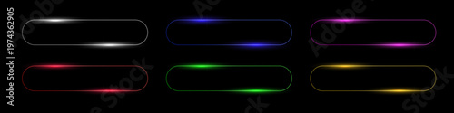 Neon glow light rounded rectangle frames. Led rectangular game buttons. Color light outlines on transparent with soft luminous effect. Futuristic UI elements. Geometric vector illustrations set.