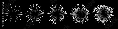 Round sunburst, line radial exploding frame icon set. Set fluffy pom poms. Circles made of black lines from center, manga comic speed effect, explosion or radial bursts. Vector illustration.