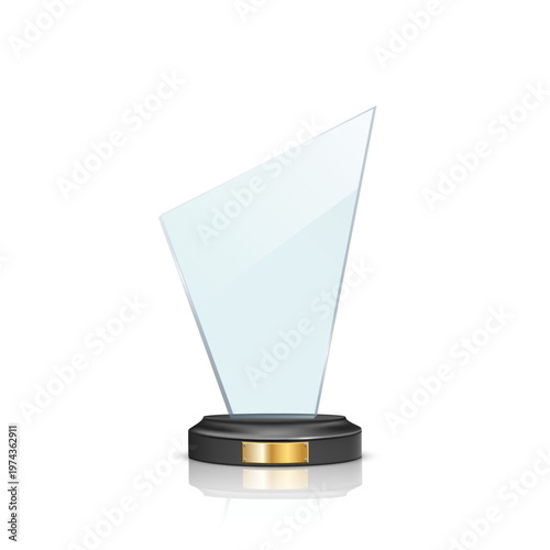 Glass award trophy. Crystal winner prize. Acrylic winner cup. Realistic vector illustration of trophy for sport competition, business achievement, recognition, celebration ceremony.