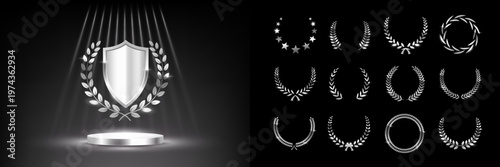 Silver award podium with laurel wreath, shield, spotlight and set of different golden laurel wreaths. Luxury templates for product presentation, winner ceremony. Elegant glamour vector illustration.