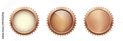 Bronze metal medal set. Copper buttons, seals. Third place awards. Shiny badges for top ranking, winners, competition prize, or achievement certificate. Realistic vector illustration.