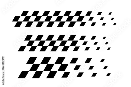 Racing flag set. Diagonal checkered flag pattern in black and white with a fading effect. Classic racing theme for motorsport textiles, banners, graphic, designs. Abstract vector illustration.