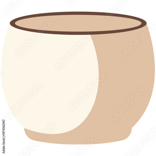Beige pot with brown rim and rounded shape ideal for plants, flowers, and decoration with neutral flat vector style.