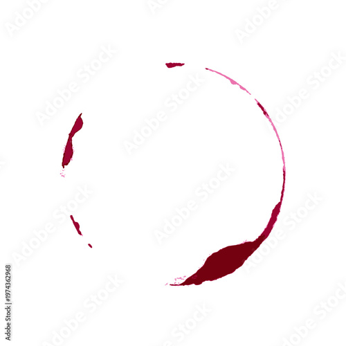 Wine glass stain. Red circular wine ring and splashes on white background. Realistic beverage mark for bar or restaurant design, menu decoration. Texture realistic vector illustration.