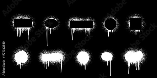 Spray paint circles with drips and splatters vector illustration set. Black ink rings with splashes. Grunge design, street style, graffiti background.