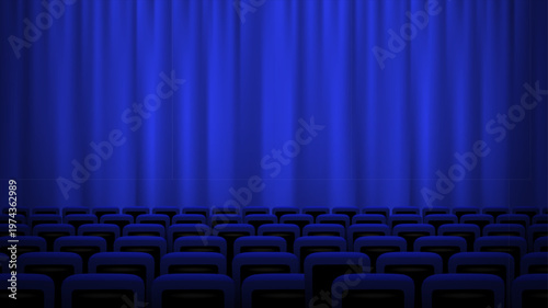 Blue theater stage curtain. Cinema stage curtain audience hall with rows of dark seats. Classic performance interior scene, movie, presentation, conference. Realistic vector illustration.