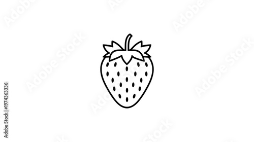 black line art illustration of a single strawberry on white background