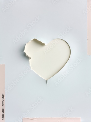 Heart shaped hole in paper over layered pastel background with torn edges and tape details for minimalist Valentines Day greeting card design or romantic invitation