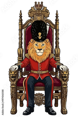Obraz na plátně British lion character sitting on golden throne in royal guard uniform