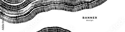 Banner with wood annual rings texture. Black and white template with tree ring pattern. Stamp of tree trunk in section. Grunge background. Wooden concentric circles