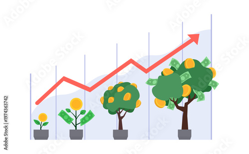 Money tree growth stage with gold coins and paper dollar. Financial and investment concept. Planting and growing money in pot. Vector illustration.