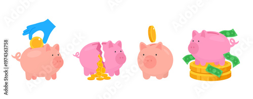 Piggy bank. Savings money concept. Set of vector illustration pink piggy bank with golden coins and green dollar. Broken piggy bank.