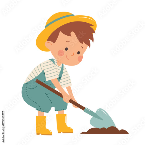 Cute little boy gardening with shovel, child farmer character in flat style, hand drawn illustration isolated on white background, kids activity, education and nature concept